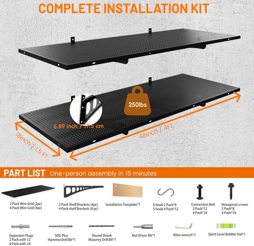Garage Wall Shelving by [Brand Name] - 1.5x4ft Heavy-Duty Metal Rack | 500 Lbs Capacity, Complete Install Kit & Hooks, Black
