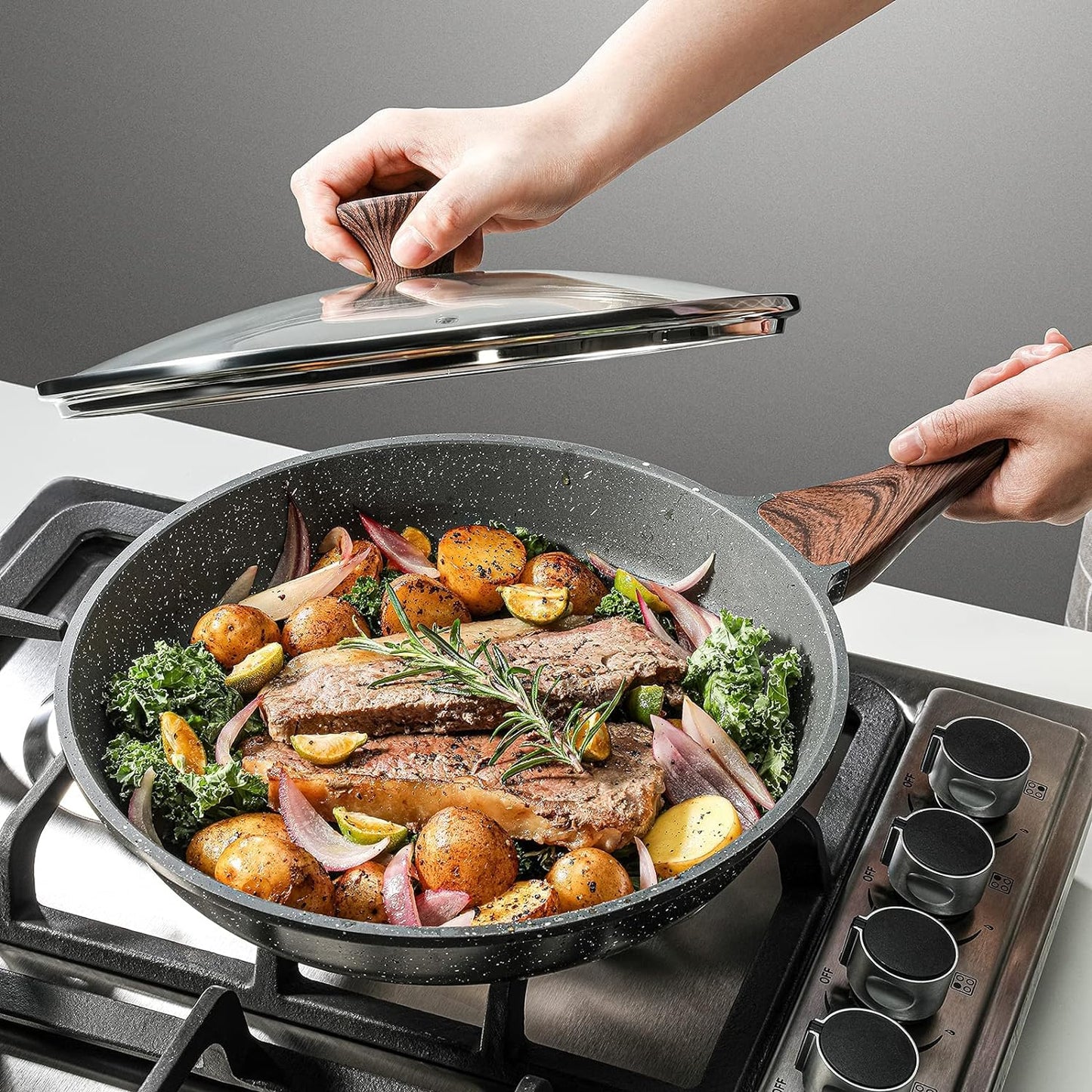 SENSARTE Nonstick Frying Pan - Healthy Cooking Skillet with Glass Lid, 12.5 Inch, PFOA-Free