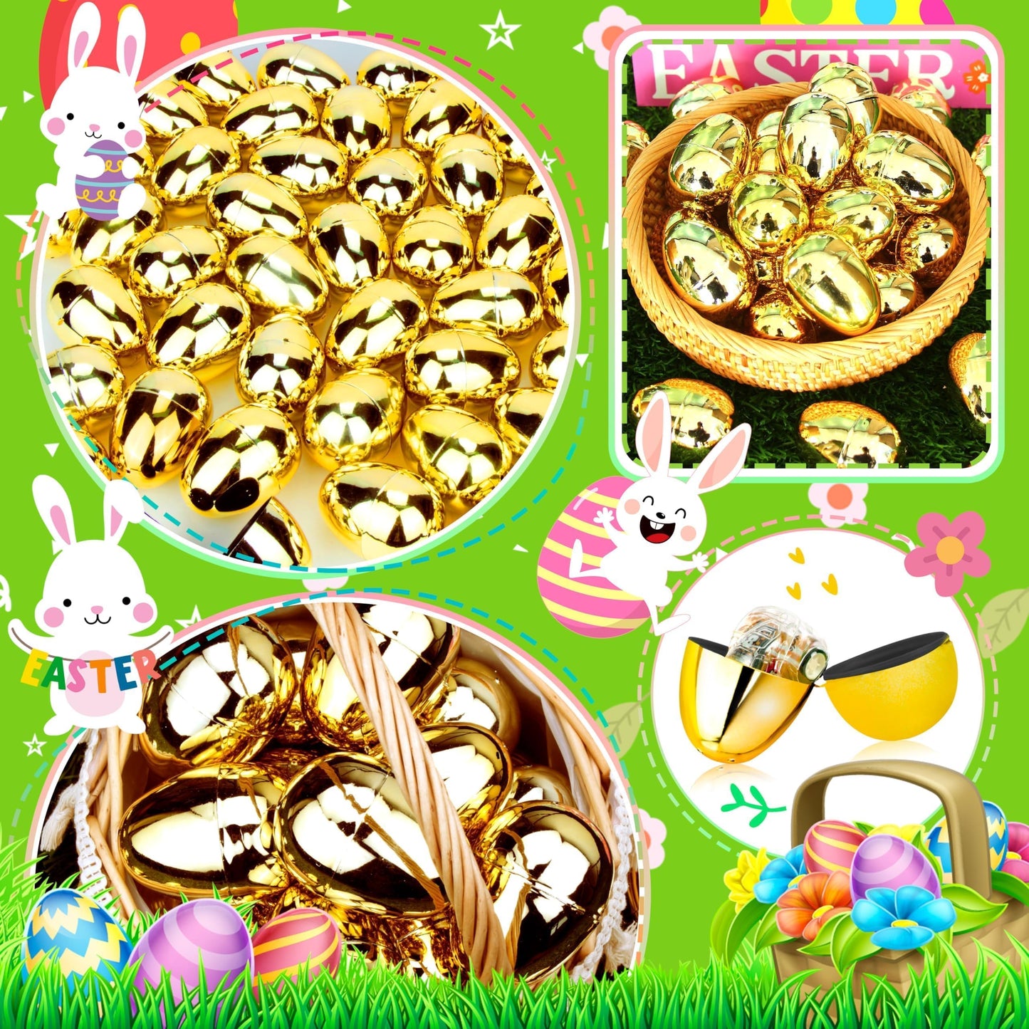 OCTERIC 18Pcs Easter Eggs Bulk, 2.3" Fillable Shiny Golden Metallic Plastic Easter Eggs Empty for Easter Hunt, Easter Basket Stuffers, Party Favor, Classroom Prize Supplies