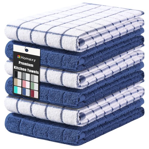 Homaxy Premium Cotton Kitchen Towels 16"x 28", Large Natural Ring Spun 390 GSM Dish Towels, Super Absorbent Terry Kitchen Hand Towels, Soft Tea Towels with Hanging Loop, Navy Blue Check Design, 6 Pack