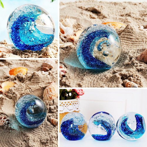 EUSTUMA Hand Blown Glass Figurine - Ocean Waves Paperweight | Unique Home & Office Decor
