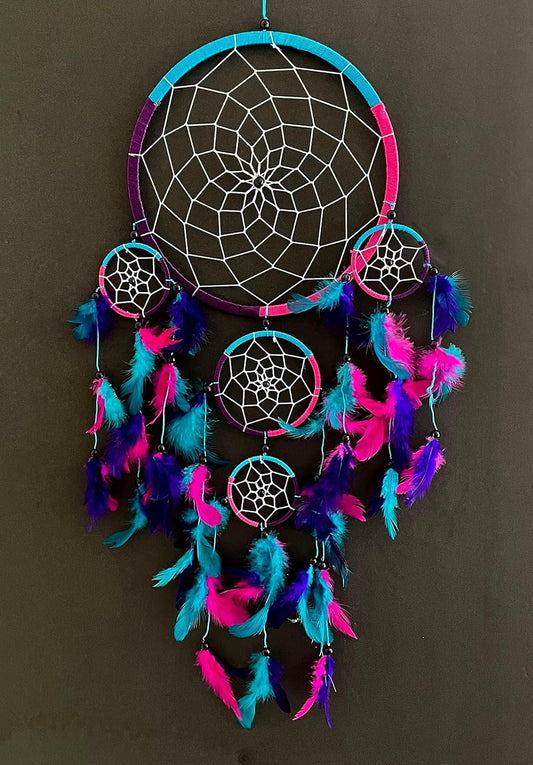 Handmade Rainbow Chakra Dream Catcher - 7" Diameter with Tie Dye Feathers & Beads