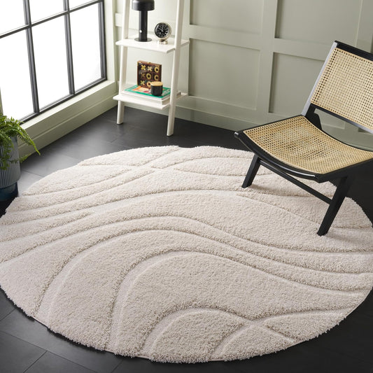 SAFAVIEH Florida Shag Collection 4' Round Cream / Cream SG471 Abstract Wave Non-Shedding Living Room Bedroom Dining Room Entryway Plush 1.2-inch Thick Area Rug