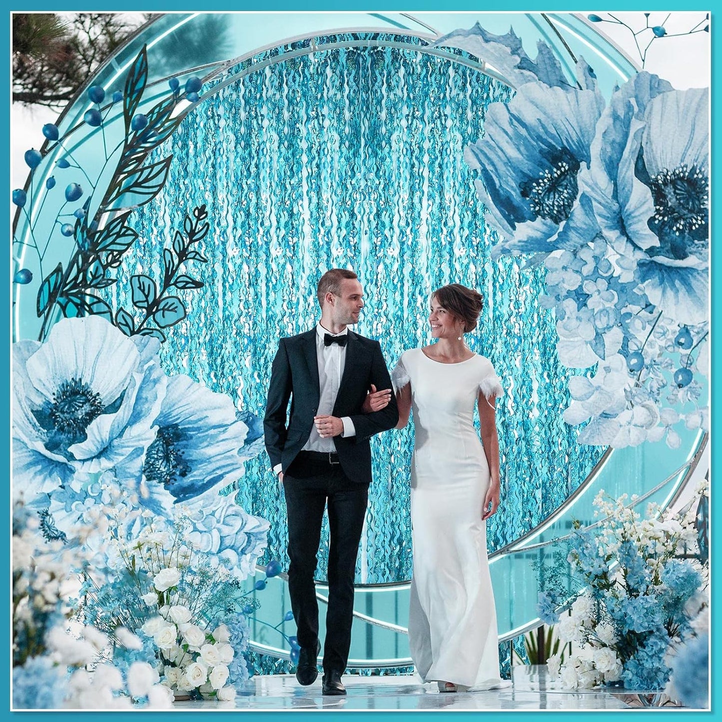 Skiennix Foil Fringe Backdrop - 10 Pieces 3.3 x 6.6 Ft Tinsel Curtain for New Year & Carnival Parties | Blue Green