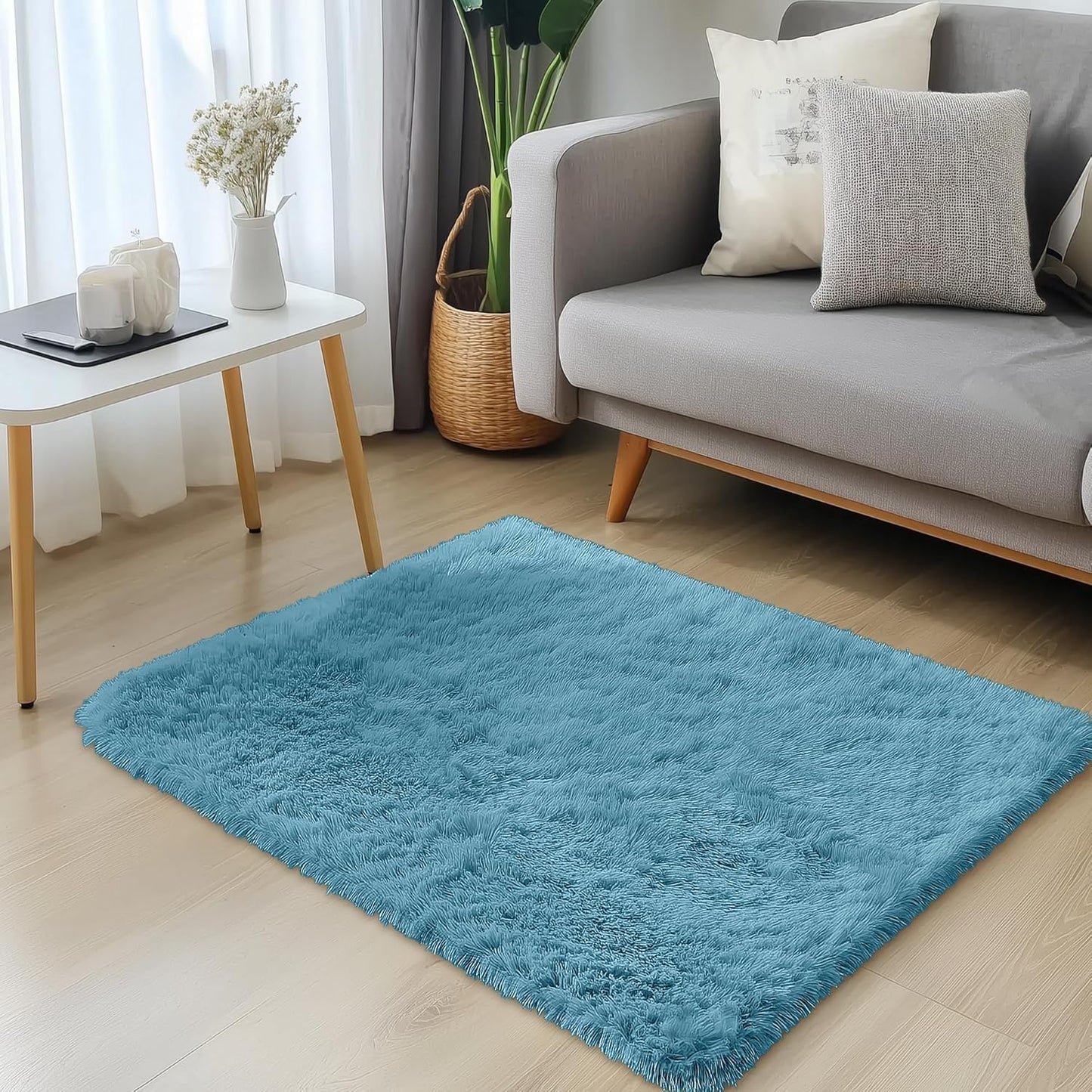OLANLY Small Bedside Rug - Soft Fluffy Shaggy Throw Rug for Bedroom & Living Room | Slate Blue