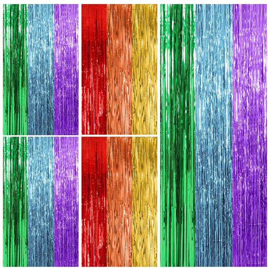 5 Pack Rainbow Party Backdrop Streamers Decorations Colorful Foil Fringe Curtains Metallic Tinsel Backdrop for Birthday First Day of School Engagement Baby Shower Christmas Holiday Party Decor