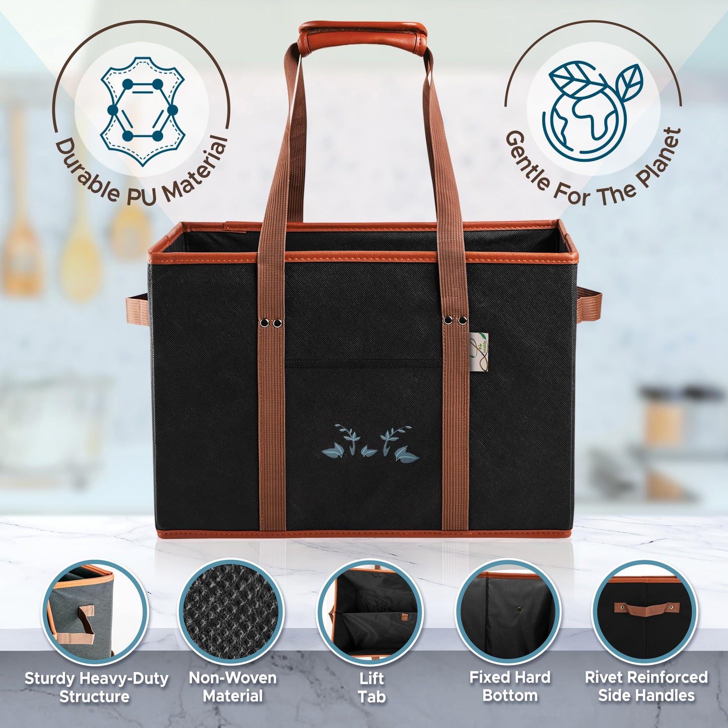 Liviable Set of 2, Large Reusable Grocery Shopping Bags,Collapsible,Heavy Duty Tote, Box Bags with Long Handles,Reinforced Bottom, Black