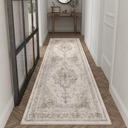 PureCozy Runner Rug 3x10 Vintage Hallway Long Area Carpet Kitchen Indoor Bedroom Taupe Medallion Washable Traditional Retro Accent Throw Rug Non Slip Distressed Office Dining Living Room Bathroom