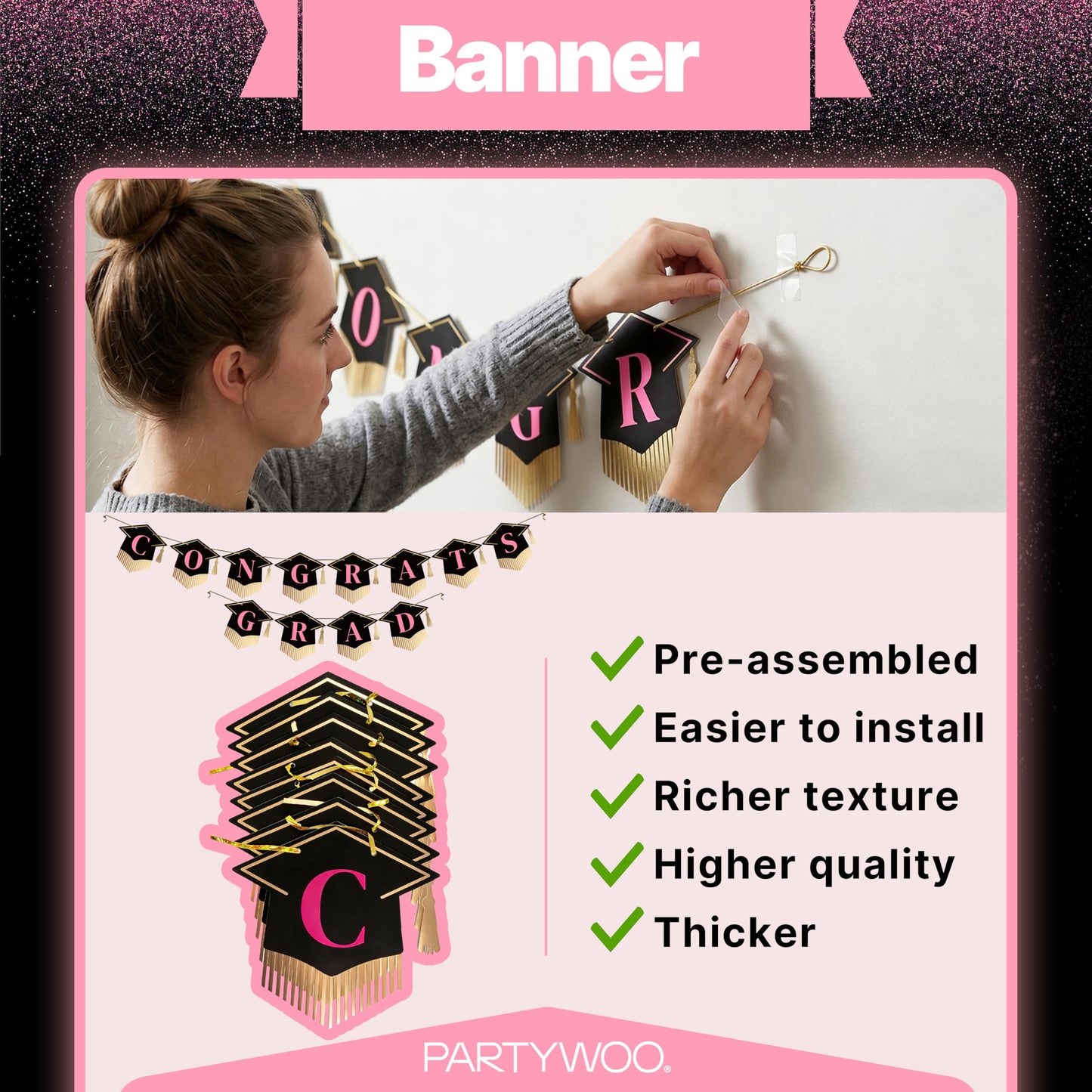 PartyWoo Class of 2026 Black Pink Gold Graduation Banner Decorations 2pcs Black Pink Gold 2026 Hanging Congrats Grad Party Banner Supplies for Middle High School College Graduation Party Decorations