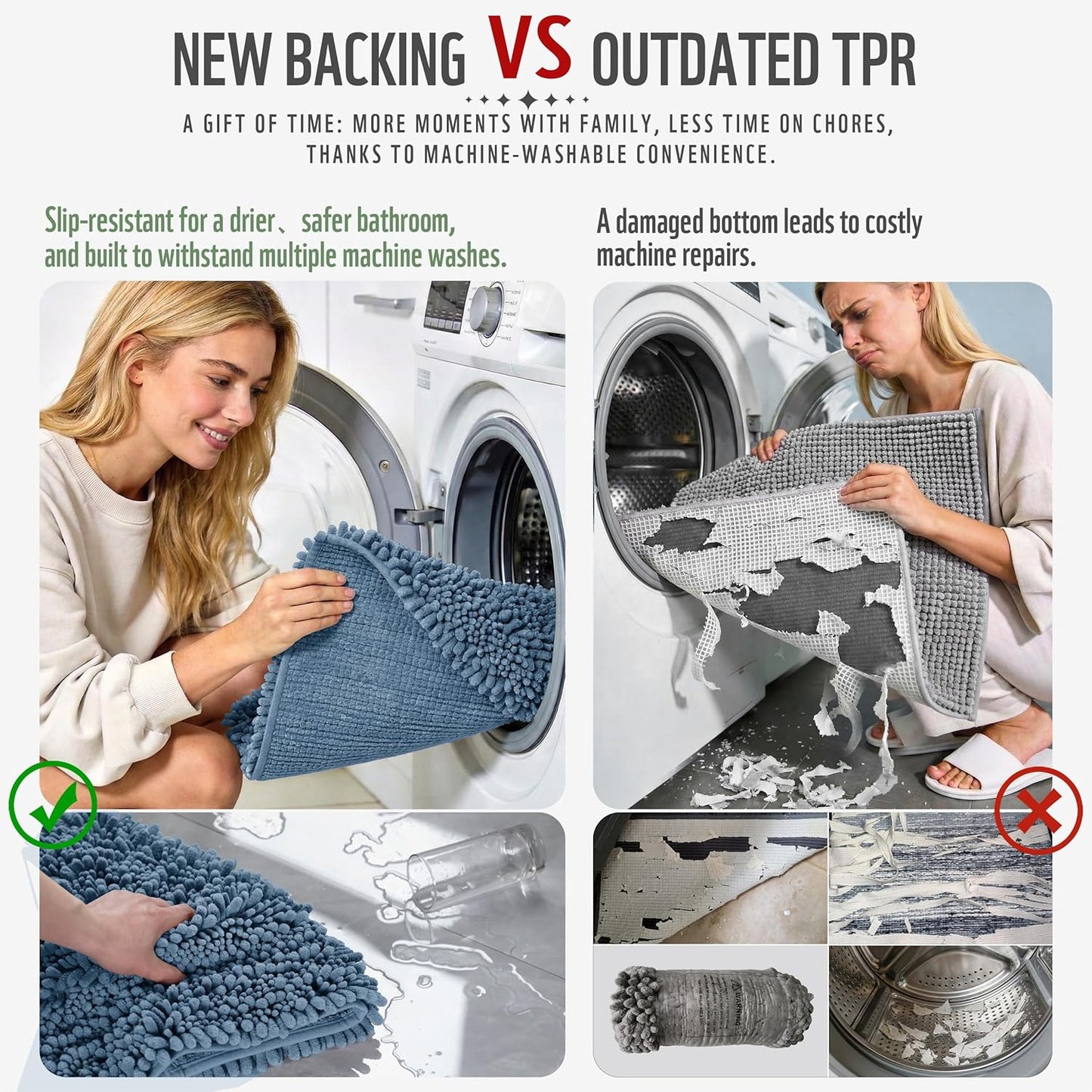 Yimobra Bathroom Rugs - Ultra Soft Non-Slip Chenille Bath Mat | Quick Dry Shaggy Carpet, Denim Blue, 24x17 Inch