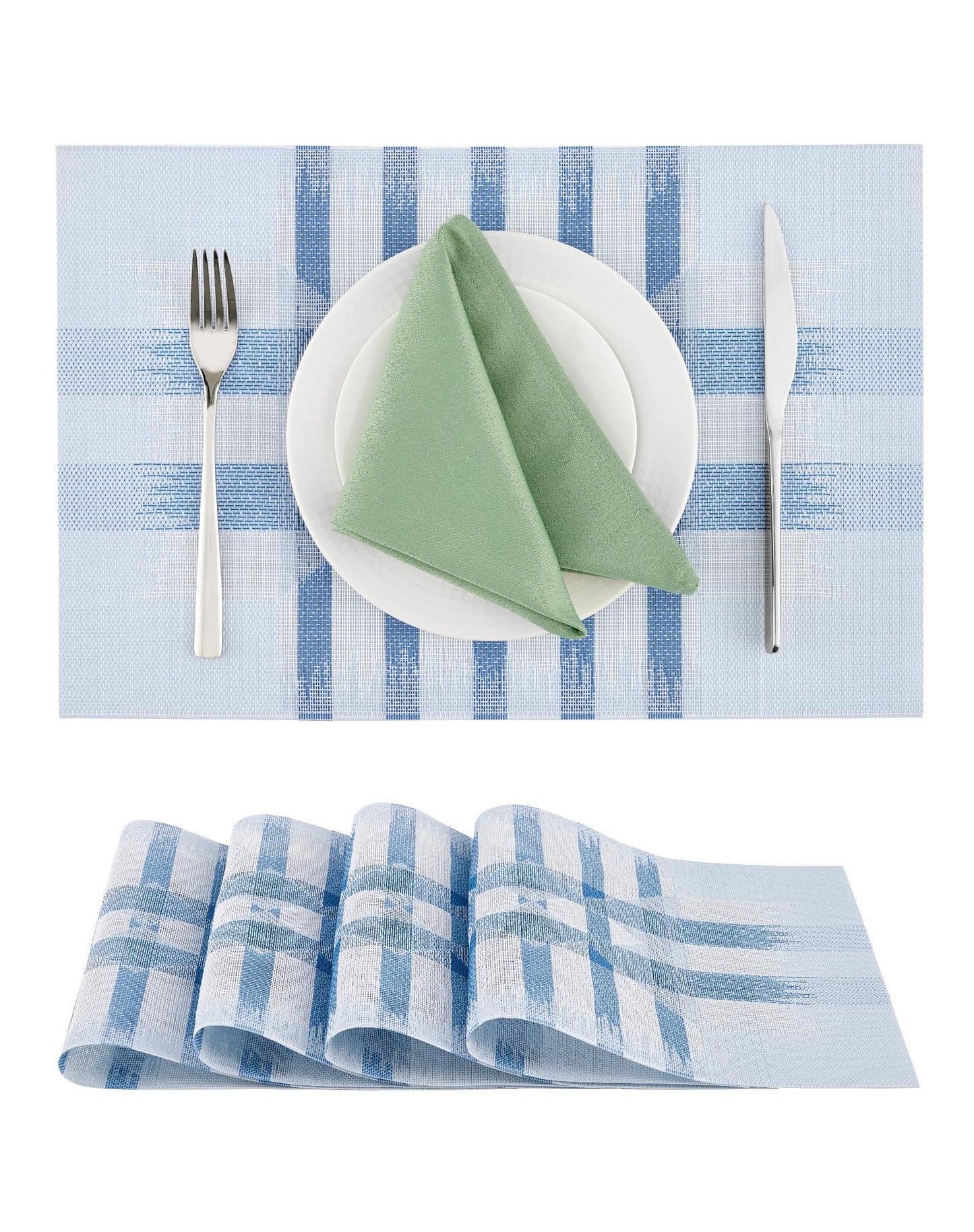 Leetaltree Geometric Print Blue Placemats Set of 4 - Heat Resistant Non-Slip Place mats for Dining Table, Washable Durable PVC Vinyl Woven Table Mats (Geometric Blue, 4)