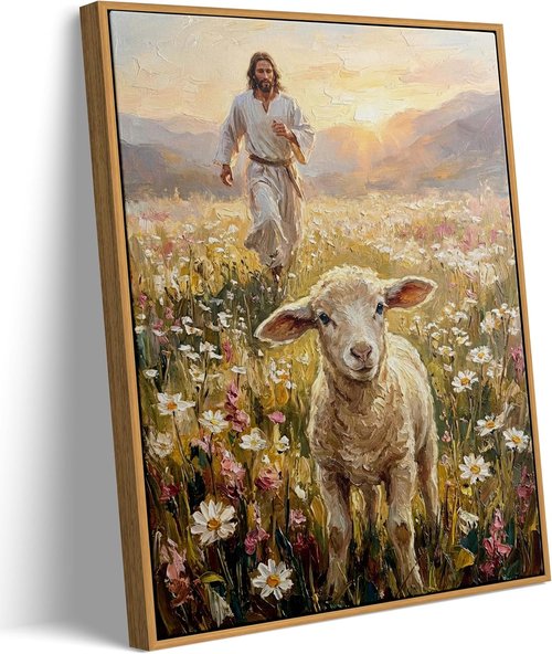 Framed Jesus and Lamb Canvas Wall Art - Inspiring Christian Decor for Bedroom or Church