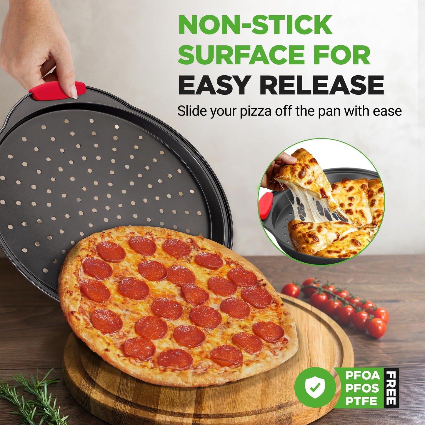 NutriChef 13-Inch Nonstick Pizza Tray - Round Carbon Steel Non-Stick Pizza Pan with Perforated Holes, Premium Bakeware Pizza Screen with Silicone Grip Handles, Dishwasher Safe - NCBPIZ1