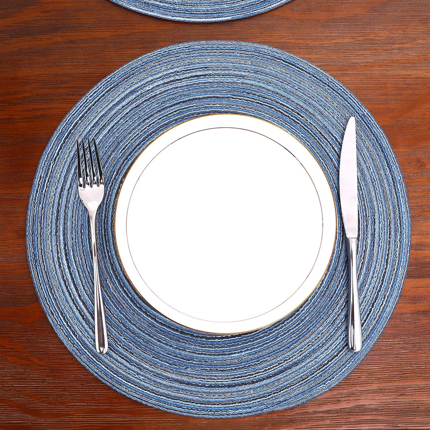 SHACOS Round Braided Placemats Set of 4 Dining Table Placemats 15 inch Circle Place Mats Easy to Clean Table Mats Indoor Outdoor, Blue Gray