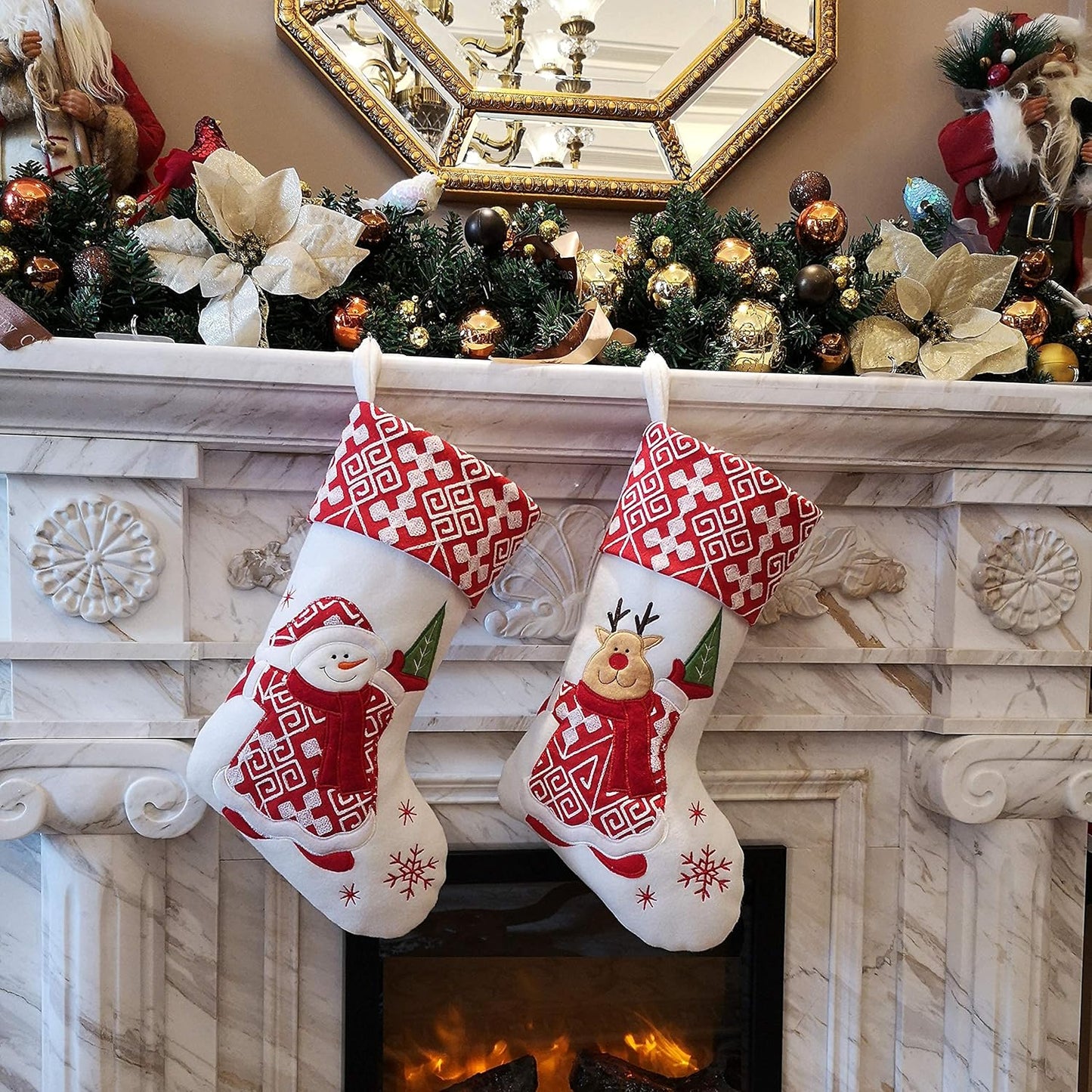 Classic Christmas Stockings Set of 2 - Santa & Snowman 17-Inch Holiday Decor
