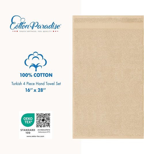 Cotton Paradise Hand Towels - 100% Turkish Cotton, Soft & Absorbent | 4-Piece Beige Set