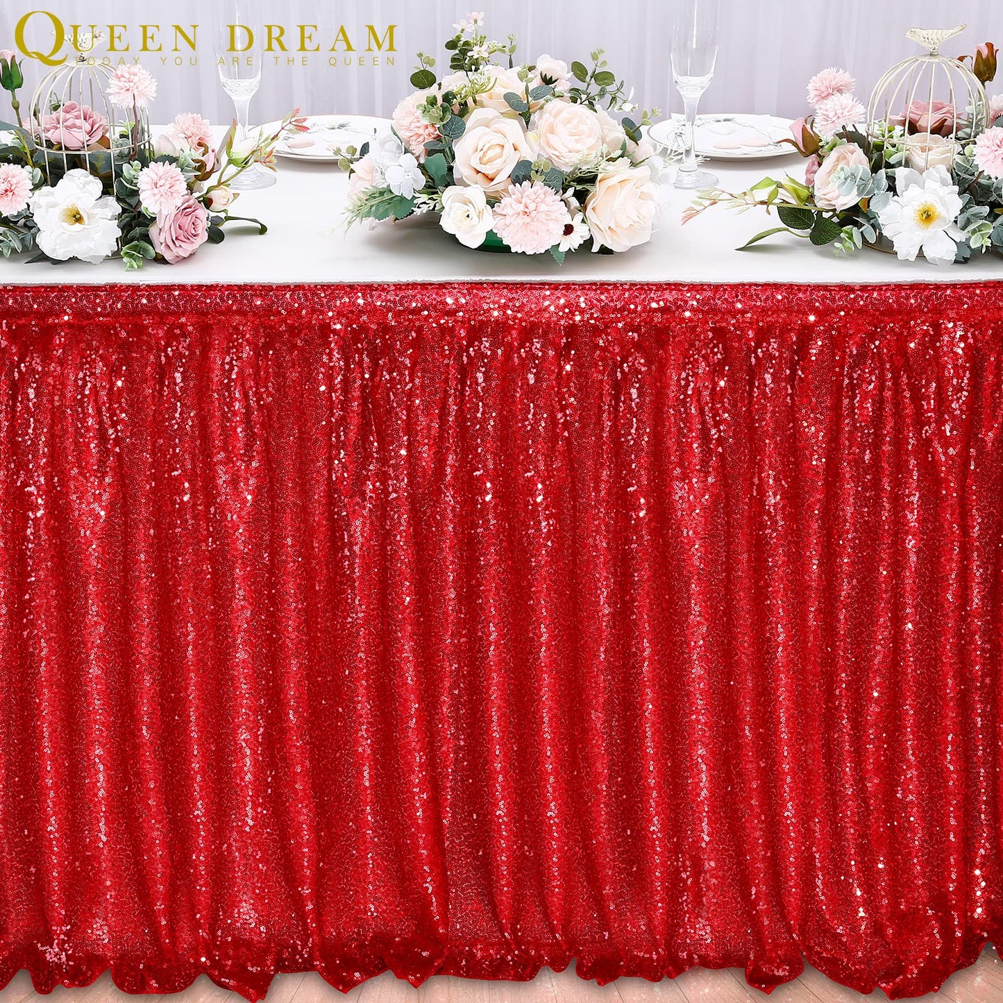 Table Skirt 14ft Red Christmas Table Skirt for Rectangle Square Round Table Sequin Tablecloth for Party Wedding Birthday Decorations