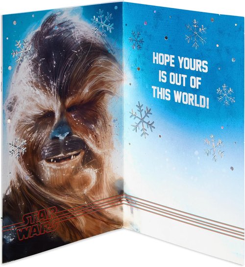 American Greetings Star Wars Christmas Card - Chewbacca Design with Snowflakes | Festive Holiday Greeting