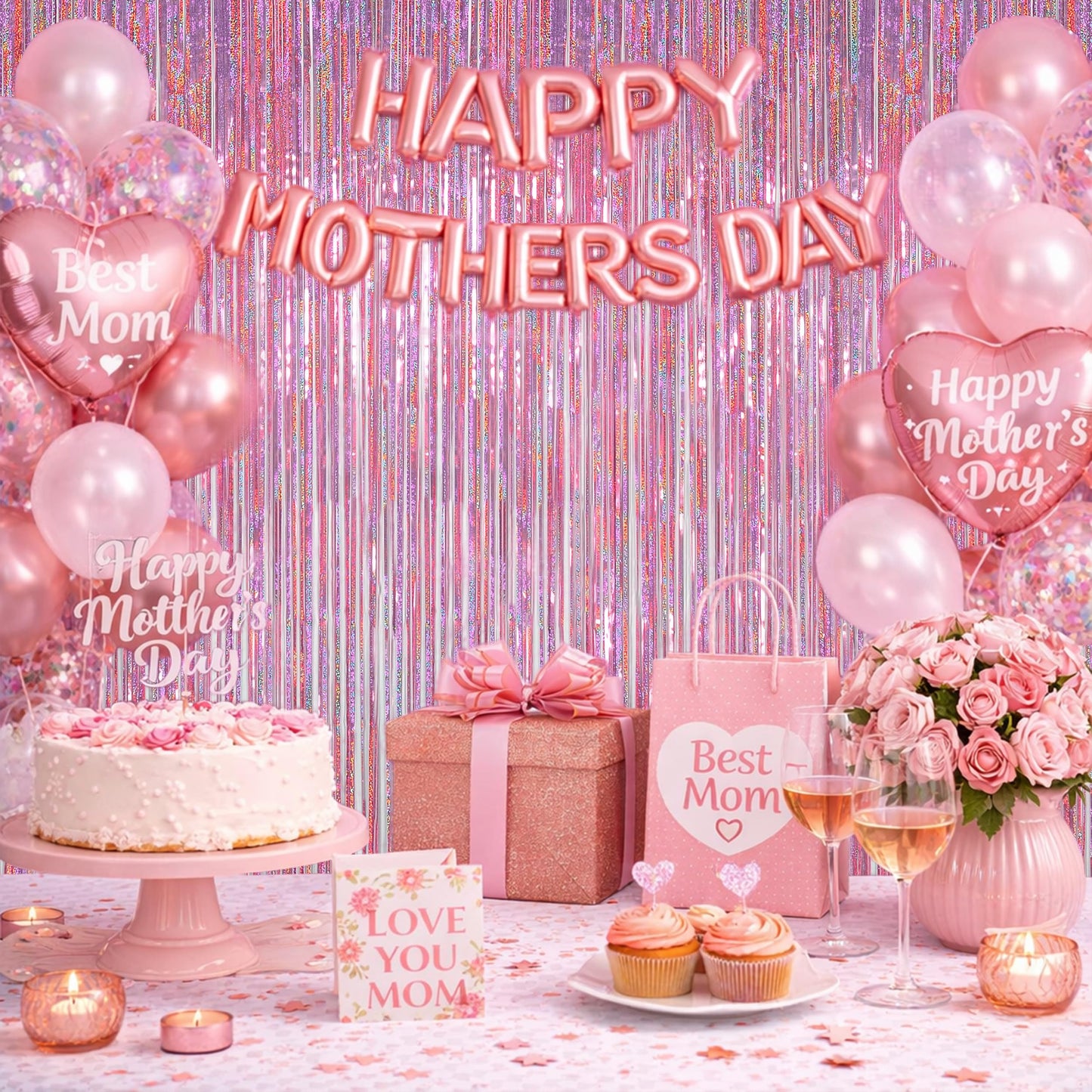 Melsan Pink Tinsel Curtains Backdrop, 3.2 ft x 8.2 ft Sparkle Metallic Foil Curtains for Mothers Princess Birthday Party Photo Background Decoration, 2 Pack