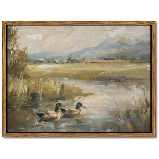 Floating Framed Canvas Wall Art, Vintage Mallard Duck Oil Paintings Print, Countryside Art Wildlife Nature Pond Wall Decor for Living Room, Bedroom, Office, Rustic Decor 16x24 inch
