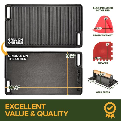 Cast Iron Griddle/Grill Reversible Combo Set + Protective Mitts, Grill Press & Scraper- Pre-seasoned Indoor & Outdoor gas Stove Griddle- Stovetop, Camping or Home Cooking Non-Stick Griddle Pan