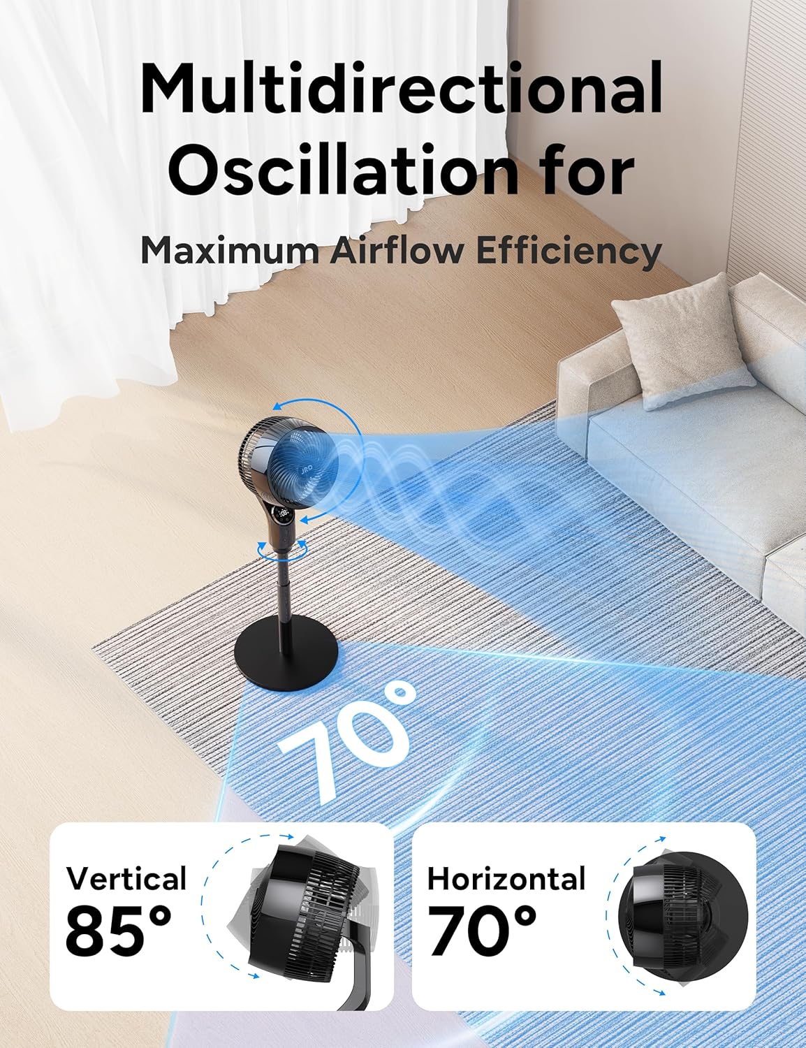 JRD Oscillating Standing Fan - 70° Quiet Pedestal Fan with Remote & 32 Wind Speeds | Adjustable 39-43" Height