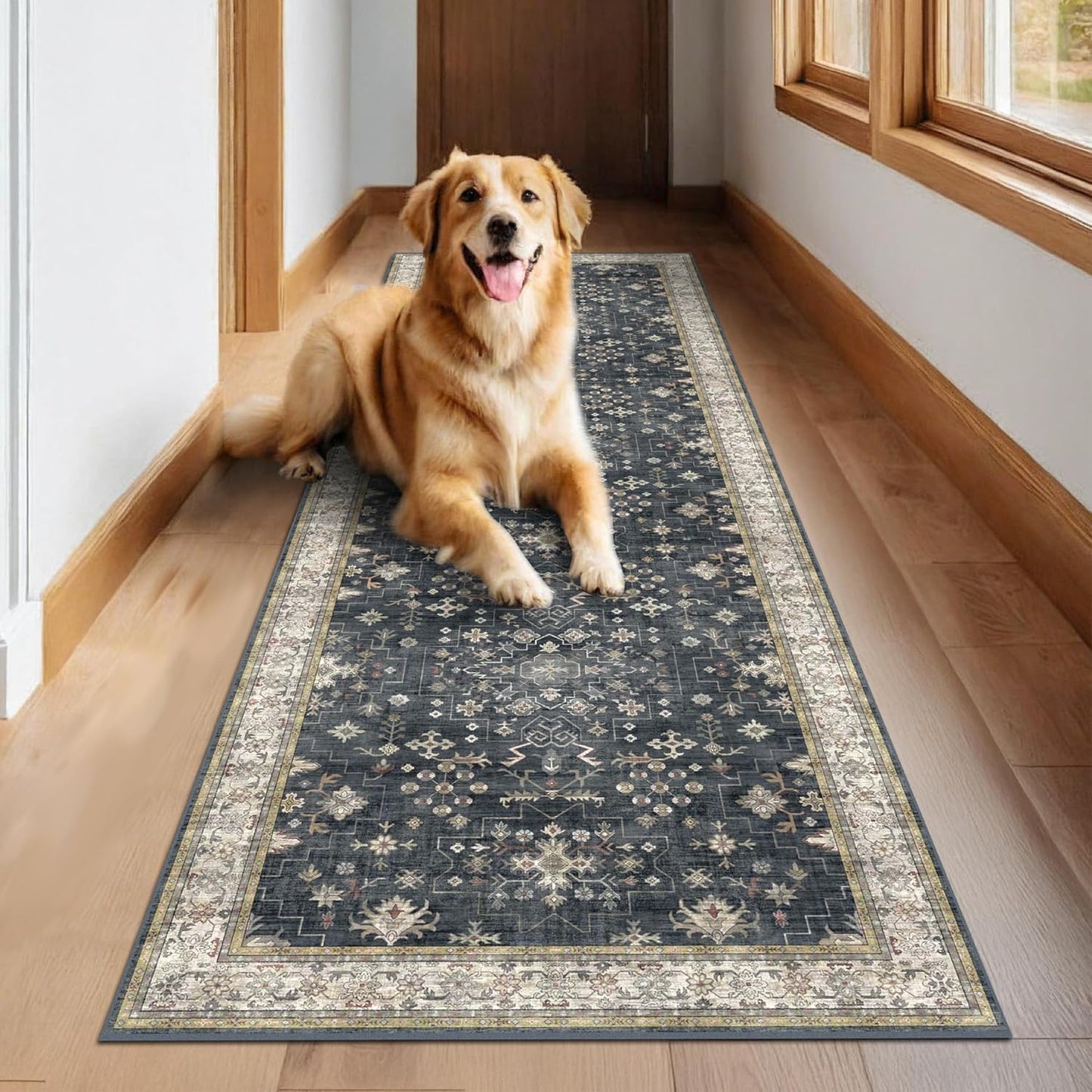 Skiennix Black Washable 10ft Runner Rug - Non-Slip Rubber Backing | Boho Vintage Design for Hallways & Kitchens