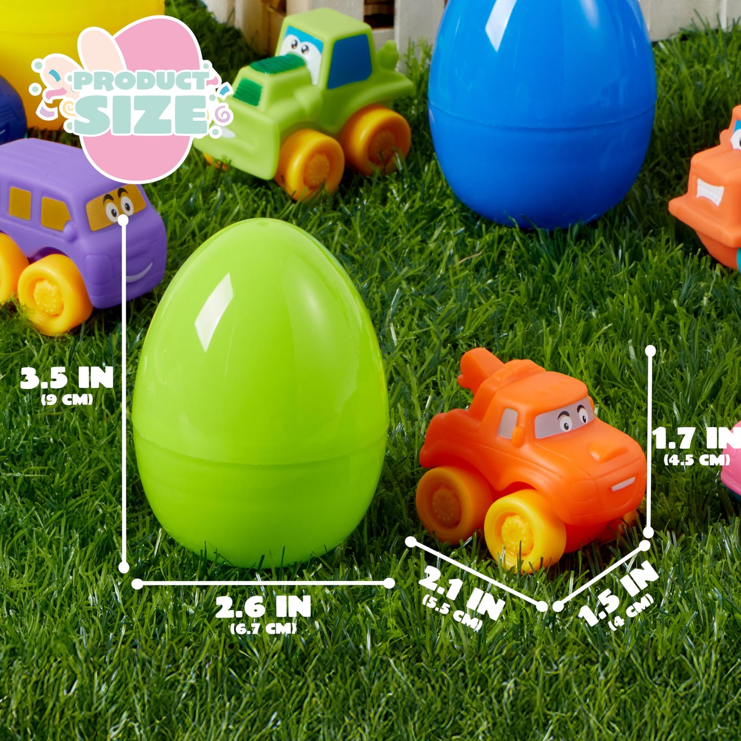 JOYIN 12 Pcs Easter Eggs with Toys, Plastic Eggs with Rubber Cars, Basket Stuffers, Party Favors for Toddlers and Kids, Easter Game, Classroom Prize Supplies
