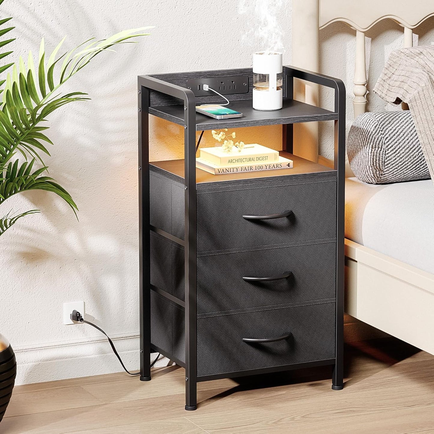 Lazzanto Night Stand | Modern Bedside Charger with LED Light Strip & Storage Drawers - USB Ports & AC Outlets