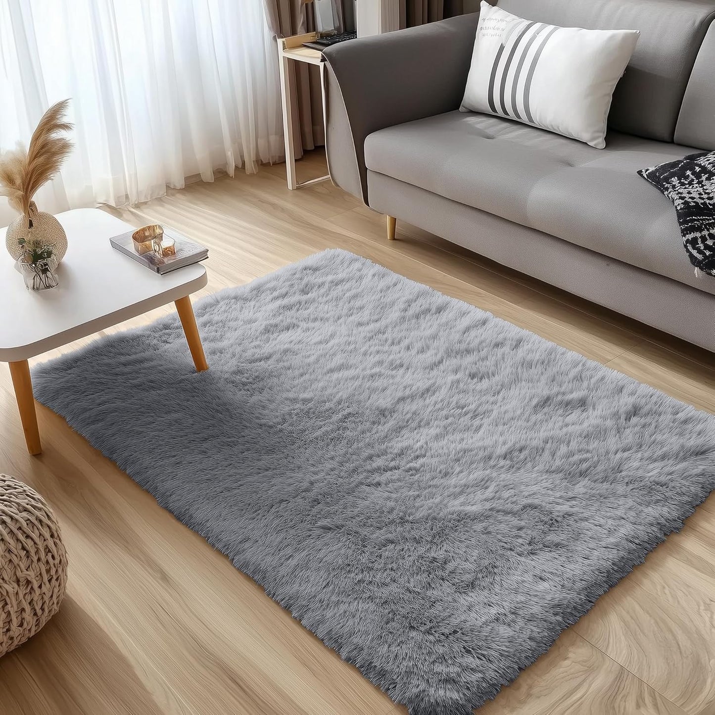 OLANLY Soft Fluffy 3x5 Machine Washable Bedside Rug - Ideal Indoor Carpet for Kids & Nursery | Light Grey
