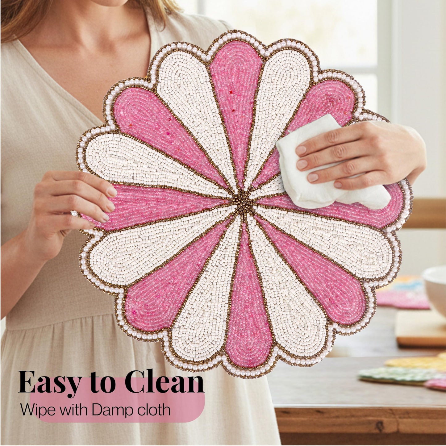 Decorative Beaded Table Mat - 13-Inch Placemat for Dining & Coffee Tables - Handcrafted Beaded Charger Plate - Elegant Place Mat for Dinner Parties & Home Décor (Pink White) - ALPHA Living HOME