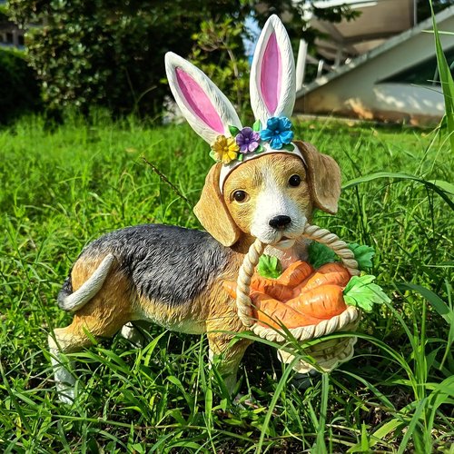 Cynkeyee Dog Garden Statue - Adorable Beagle Puppy with Bunny Ears & Carrot Basket | 11.5" x 4" x 10.5" Indoor/Outdoor Decor