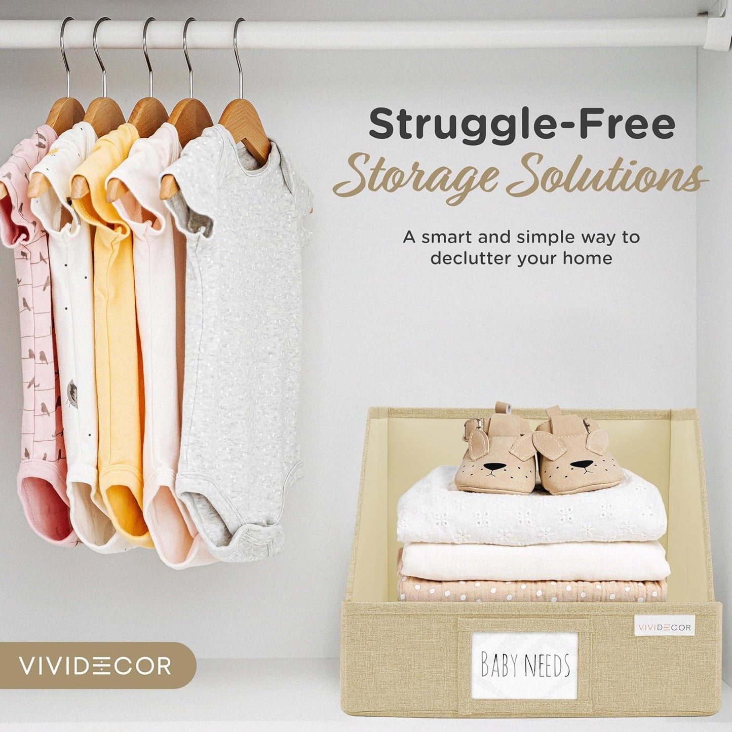 VIVIDECOR Trapezoid Storage Bins - 3-Pack Foldable Fabric Organizers for Closet & Shelf (Beige)