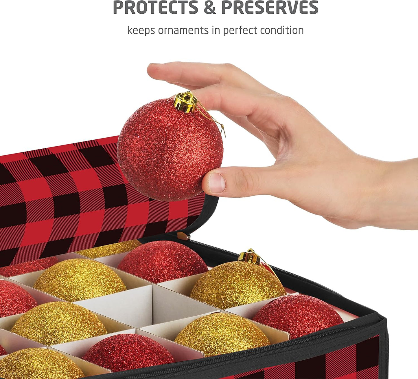 ZOBER Christmas Ornament Storage Box - Durable Plastic Organizer for 128 3" Ornaments - Plaid Design