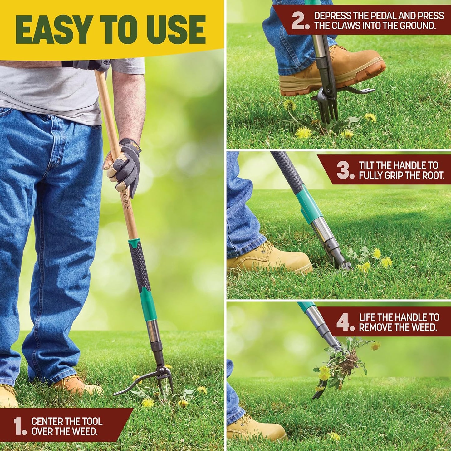 Papa's Tools Weed Puller - 44" Stand-Up Weeder with 4-Claw Steel Head & Bamboo Handle for Easy Gardening