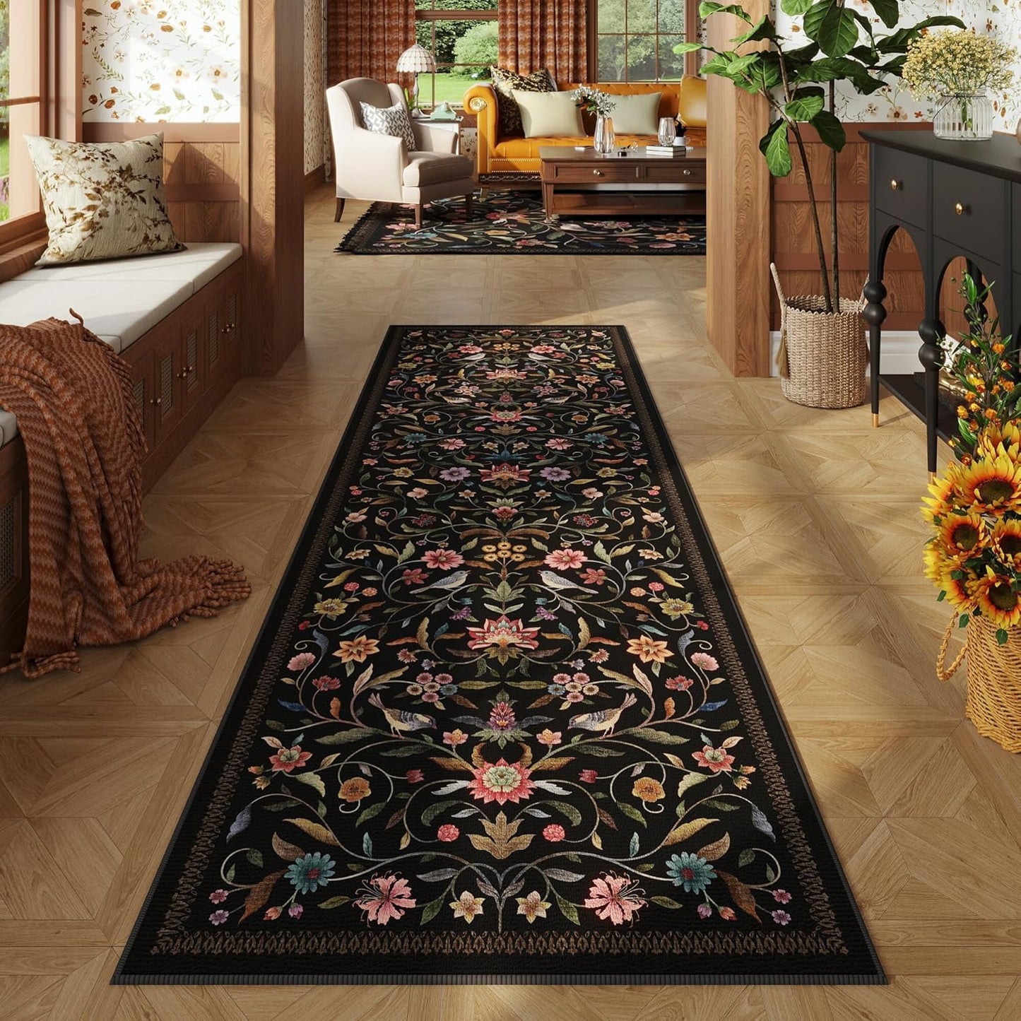 Vintage Medallion Floral Runner Rug - Washable Non-Slip Low Pile Carpet | 2'7"x8' | Black