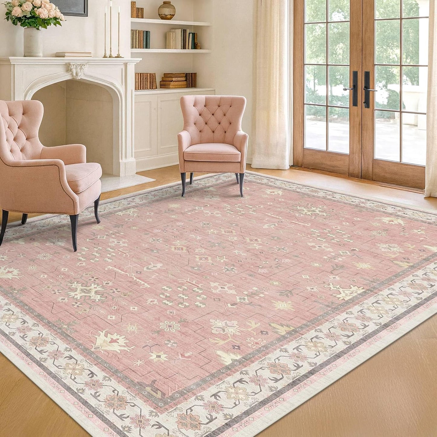 Regine Switzerland Pink & Gold Girls Rug - Non-Slip Floral Area Rug, 4x6, Machine Washable for Bedroom & Playroom