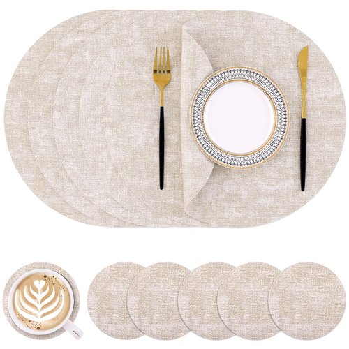 Homaxy Round Faux Leather Placemats and Coasters, Washable Dual-Side Table Mats, Wipeable Heat-Resistant Dining Place Mats for Outdoor and Indoor, Set of 6, Diameter 13 and 3.93 inch, Beige
