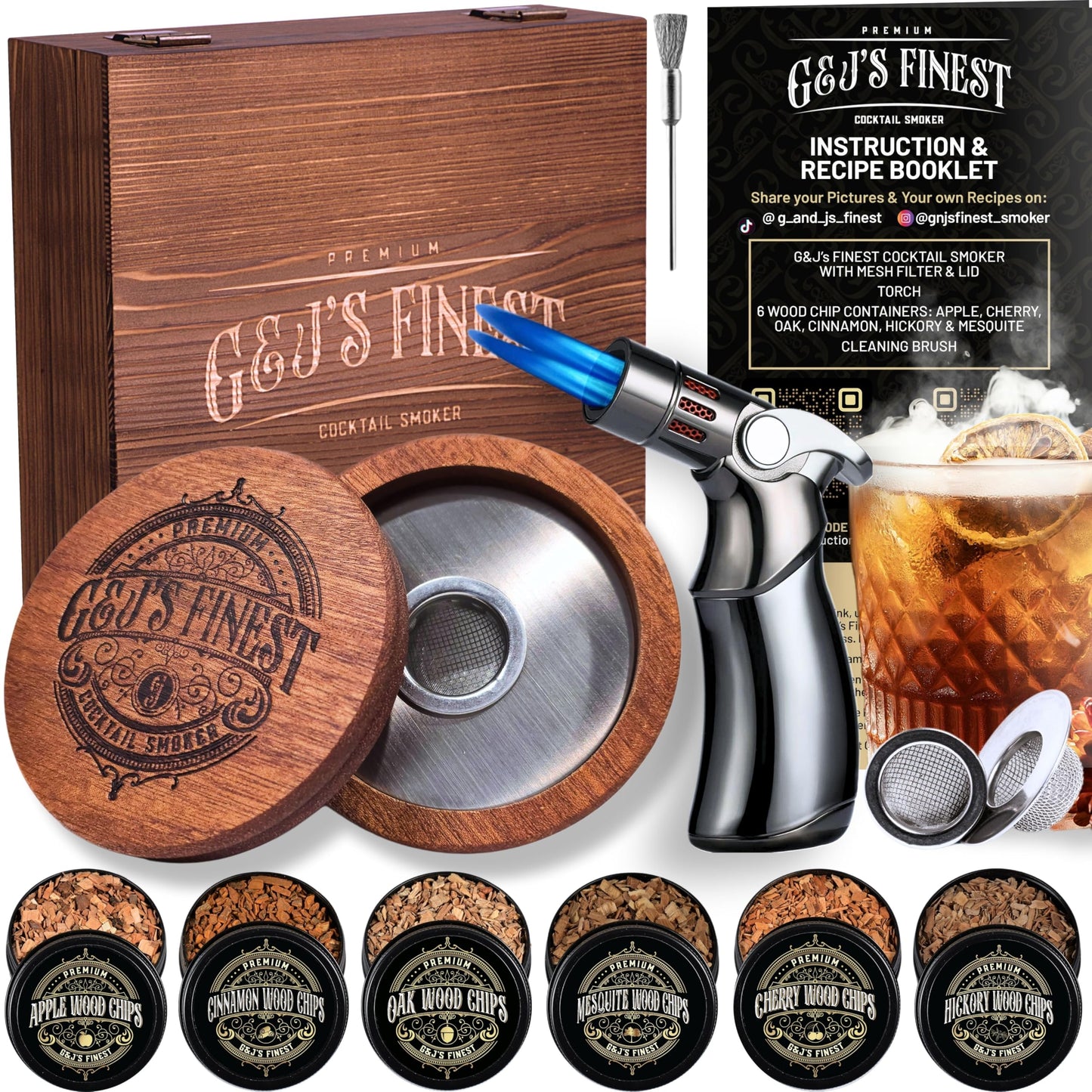 Whiskey Smoker Kit with QuadTorch, 6 Wood Chips, & Wood Box for Smoking Drinks| Cocktail Smoker Kit| Bourbon Smoker Kit| Old Fashioned Smoker Kit| Smoked Whisky Gift for Father's Day (No Butane Incl.)