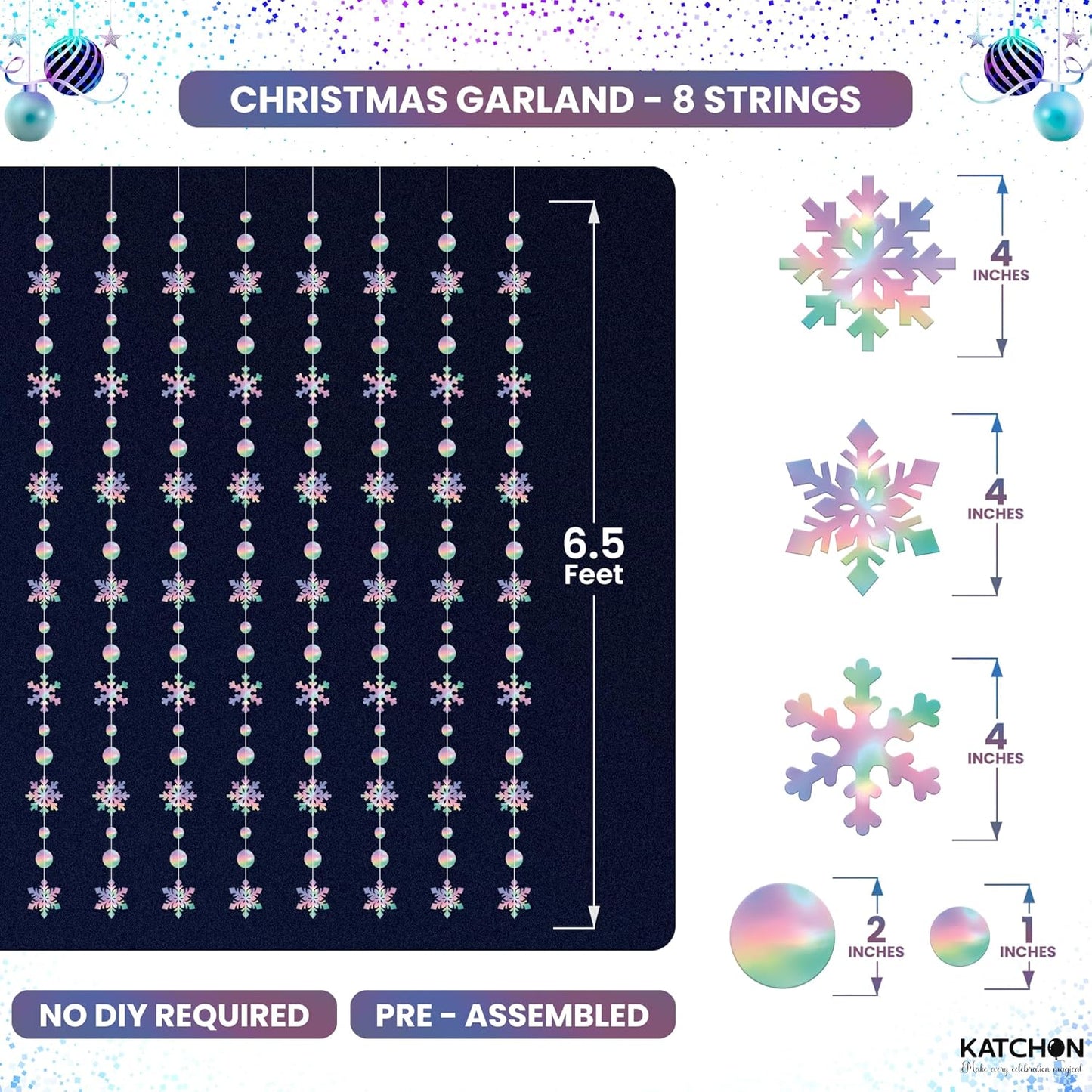 KatchOn 6.5 FT Christmas Garland - Snowflake Hanging Decorations | Iridescent Winter Decor