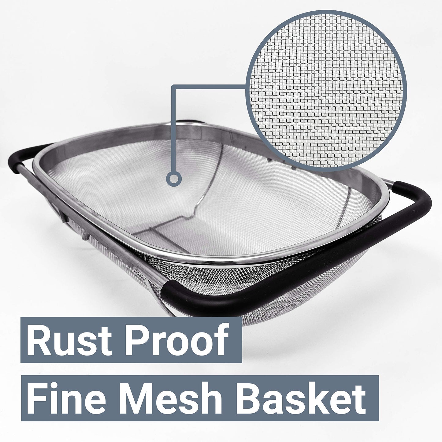 Makerstep Over the Sink Colander Strainer Basket Stainless Steel, For Kitchen Sink with Rubber Grip, Fine Mesh, Large Kitchen Gadgets Tools, Expandable Home Kitchen Essentials
