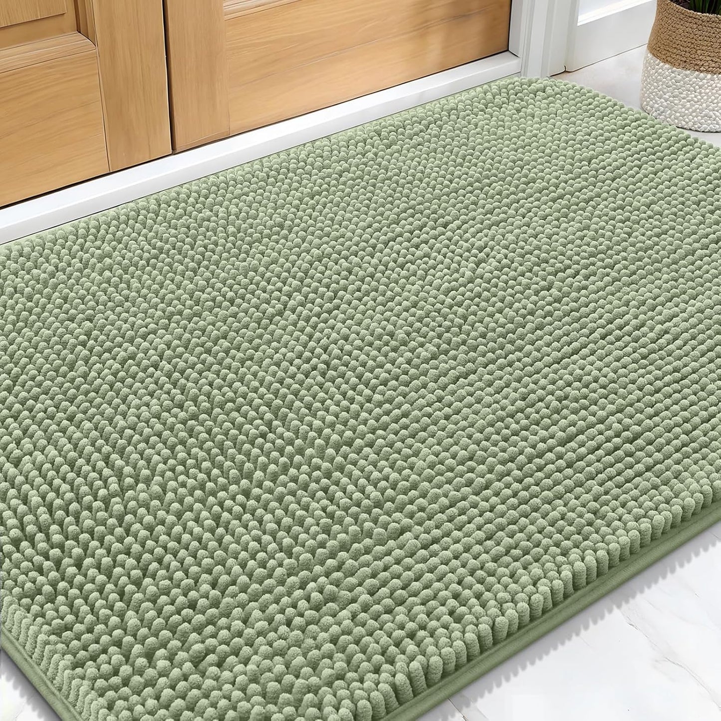 OLANLY Dog Door Mat - Absorbent Non-Slip Chenille Mat for Muddy Paws | 30x20, Quick Dry, Sage Green
