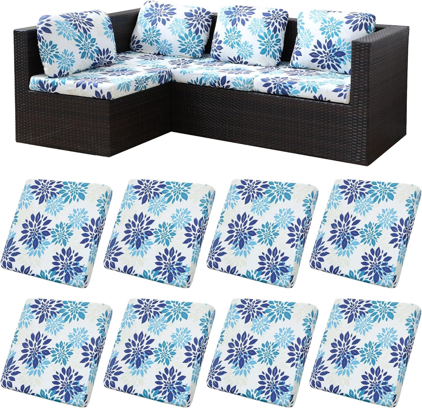 Skiennix 8-Piece Stretch Patio Cushion Covers - Washable Outdoor Sofa Slipcovers in Blue Flower Design