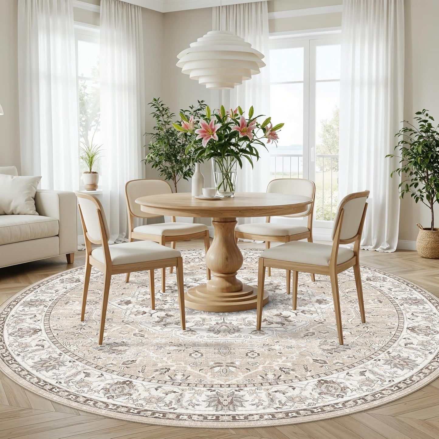 Skiennix Washable 8ft Round Area Rug - Soft, Non-Slip, Stain-Resistant Carpet for Living Room | Beige