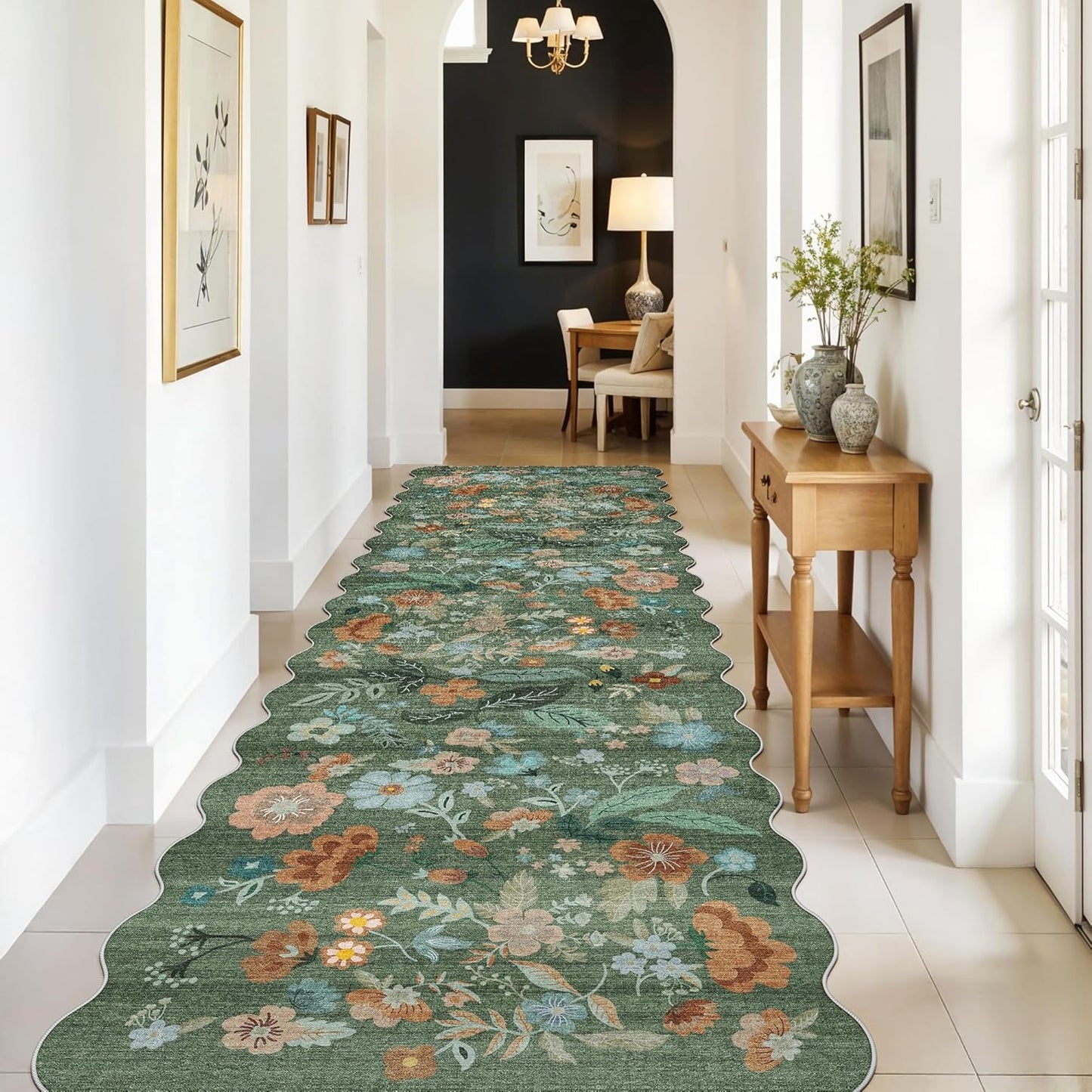 Skiennix Washable 3x10 Hallway Runner Rug - Floral Scalloped Soft Non-Slip Mat for Entryway, Kitchen & Nursery