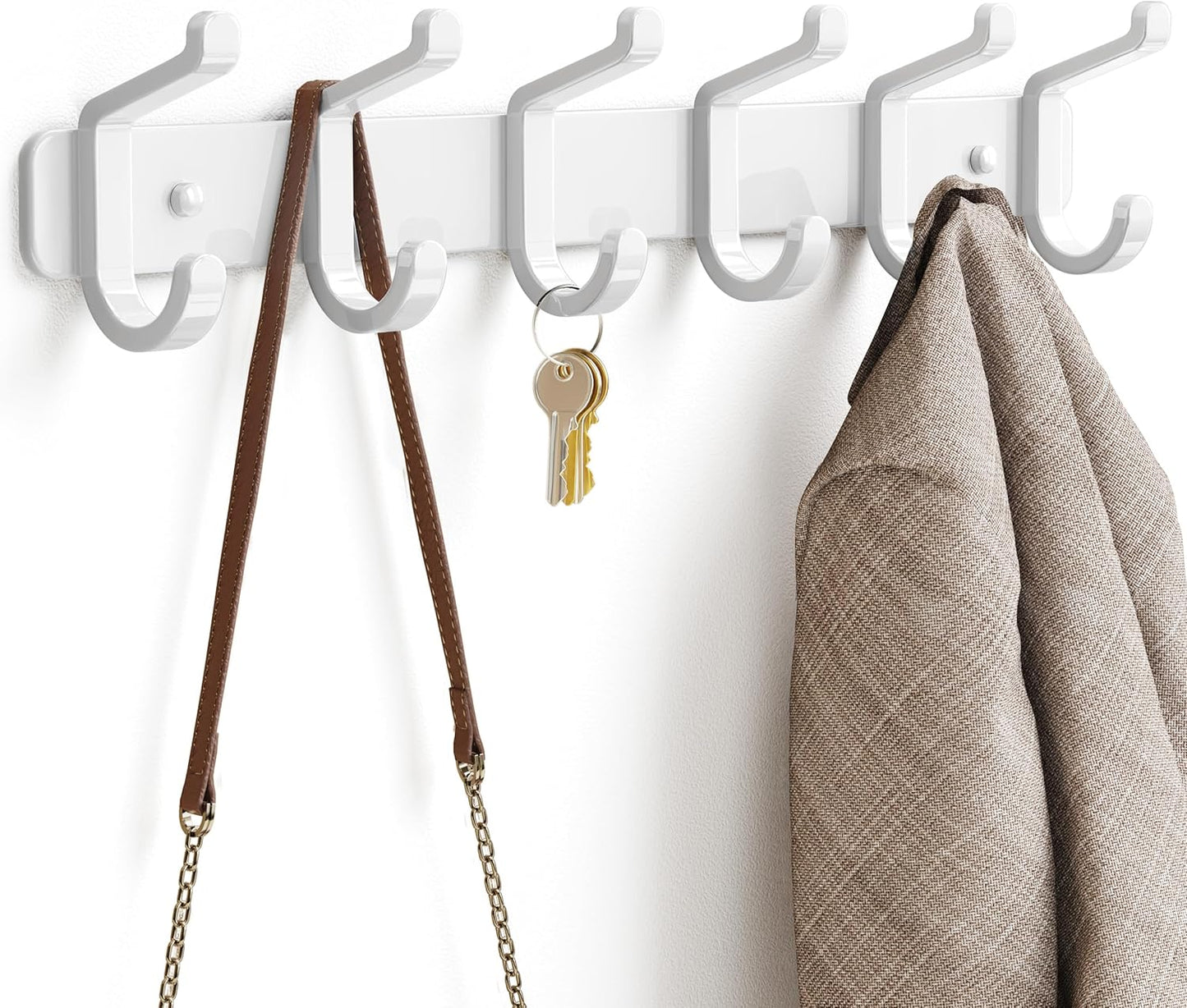 Pickpiff Coat Rack - Heavy-Duty Wall-Mounted Metal Hanger with 6 Hooks for Hats, Clothes & More | White, 2 Pack
