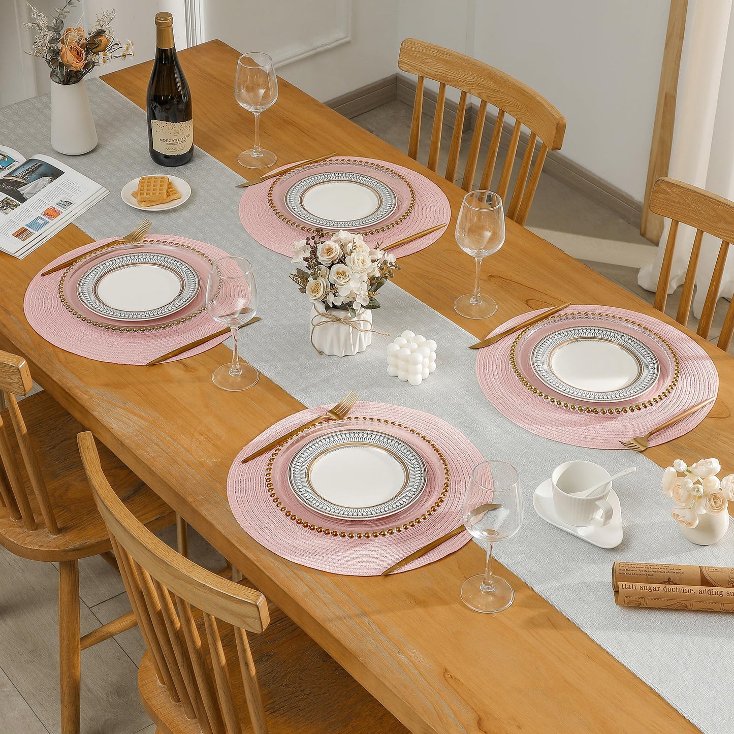 Leetaltree Round Placemats Heat and Slip Resistant Cotton Table Mats, Washable Bohemian Placemats for Dining Tables (Pink, Set of 4)