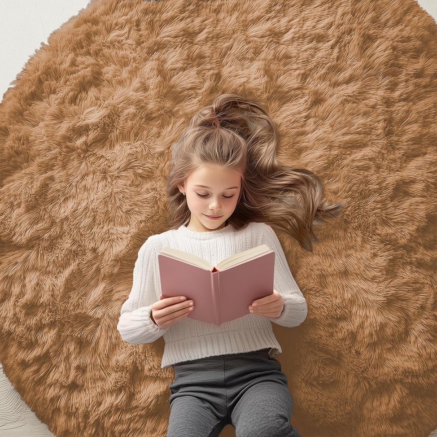 OLANLY Round Khaki Area Rug - Soft, Fluffy, Machine Washable 5 ft Circle Carpet for Bedroom & Living Room