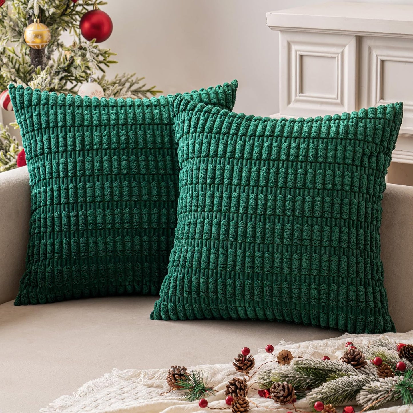 MIULEE Decorative Pillow Covers - Soft Dark Green Corduroy | Pack of 2, 18x18 Inch, Boho Striped Design for Modern Farmhouse Home Decor