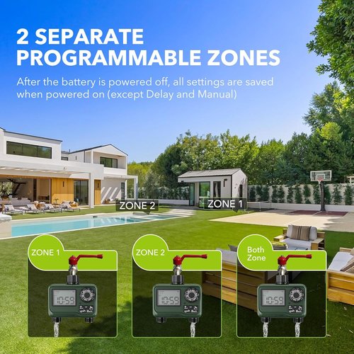 BN-LINK Sprinkler Timer - 2-Zone Programmable Water Timer with Rain Delay for Lawns & Gardens | Waterproof LCD Display